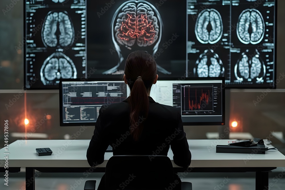 Poster a person analyzing brain scans and data on multiple screens in a clinical or research setting. conce