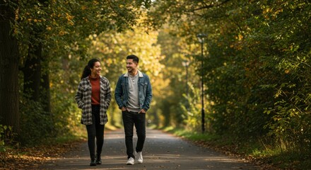 Fototapeta premium Couple enjoying a leisurely walk through a scenic autumn park with vibrant foliage surrounding them