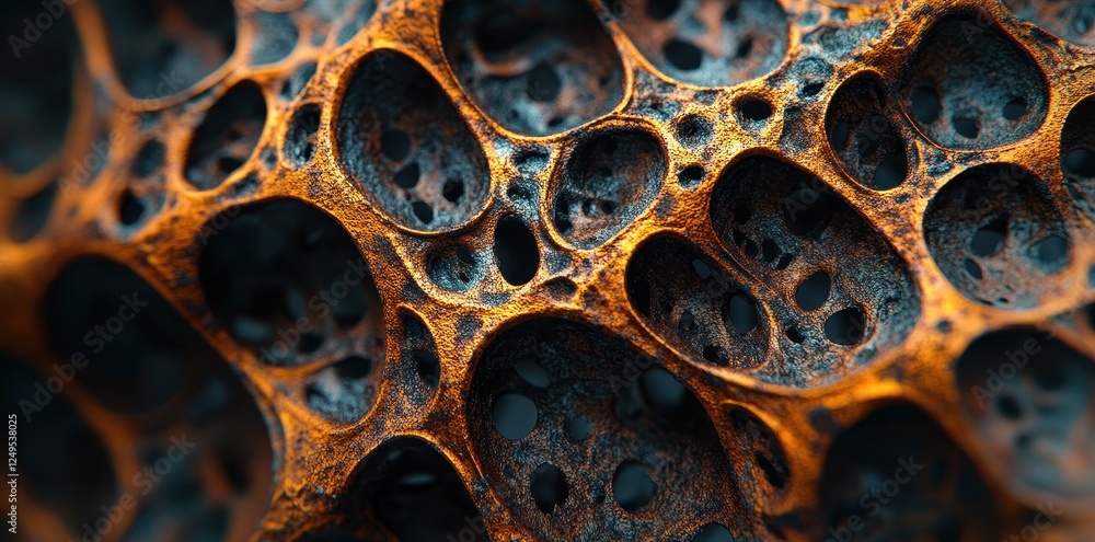 Poster macro image depicts an organic textured pattern with many holes