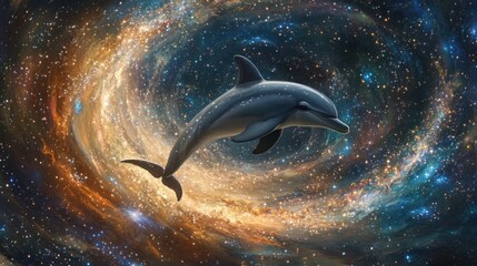 Fototapeta premium A majestic dolphin leaping through a portal of swirling galaxies, leaving behind a shimmering trail of stardust.