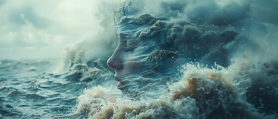 Double exposure, a person on the background of the ocean