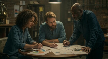Naklejka premium Three professionals collaborating at a table, analyzing charts and graphs in a cozy office setting