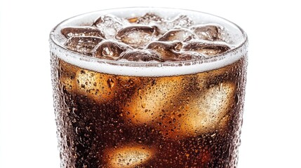 Close-up of a glass of cola with ice.