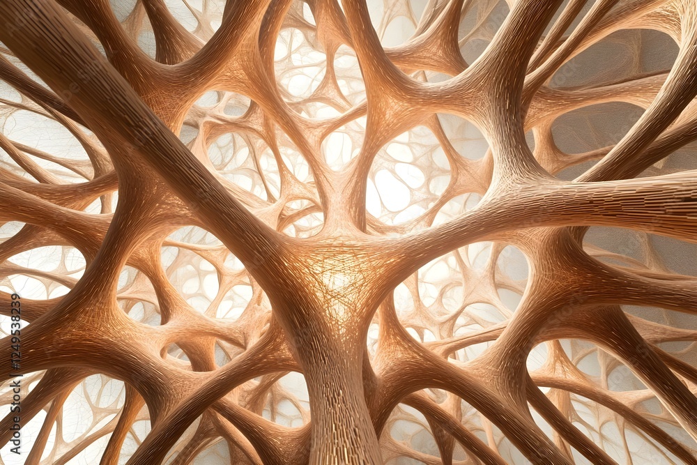 Poster a web of organic, tree-like structures with intricate patterns and light filtering through, creating