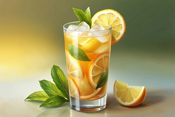 Fototapeta premium glass of lemonade with lemon ice cube and sparking soda water with colorful colors cup at a bar