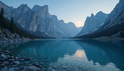 Stunning mountains reflected in a calm lake at dawn with soft light
