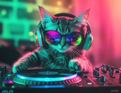 A playful cat wearing reflective sunglasses and colorful headphones, DJing on a vibrant turntable with a neon-lit backdrop. Perfect for music events, party promotions, and creative projects