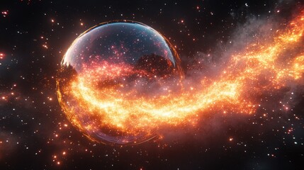 Obraz premium Fiery cosmic orb in space, nebula background; science fiction