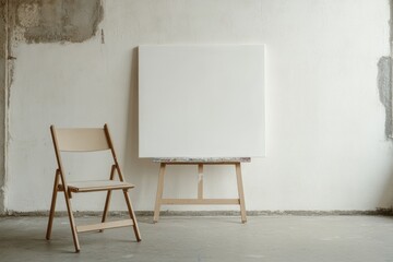 Empty canvas on easel beside chair in studio.