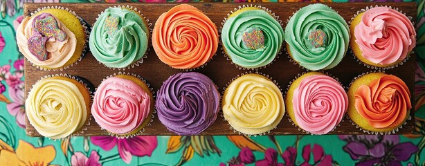 A tray of cupcakes with different colored frosting and sprinkles