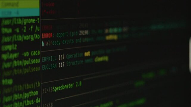 Writing programming functions on computer. Website HTML code on the PC display close up photo. Database bits access stream visualisation.