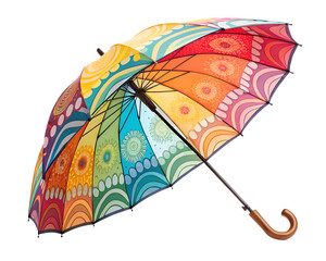  Colorful Patterned Umbrella with Wooden Handle. PNG
