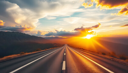Naklejka premium Empty highway with a scenic sunset on the horizon, symbolizing adventure, travel, freedom, and exploration in the open road and natural beauty