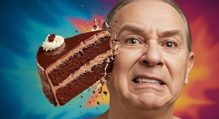 Man hit in the head with a dessert cake, messy delicious baked sugary food, force, impact