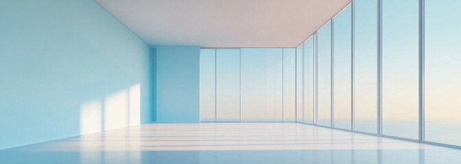 Fototapeta premium Empty modern room with large windows and sunrise view.
