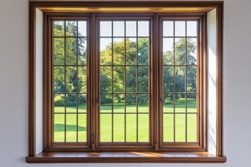 New wooden PVC window with brown metal frame installed at modern house, view of blurred green trees, blue sky. Advertising. Typical installation of insulated glazing windows with uPVC window frames.