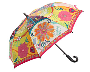  Colorful Patterned Umbrella with Wooden Handle. PNG