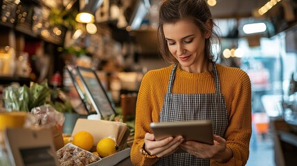 Business owner analyzing customer trends in a grocery store digital insights urban environment engaged viewpoint