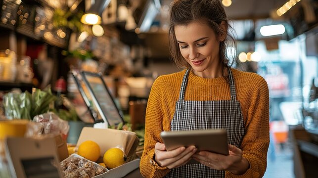 Business owner analyzing customer trends in a grocery store digital insights urban environment engaged viewpoint