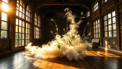 Magische Atmosphäre – Naturverbundenes Interieur mit schwebender Farbwolke