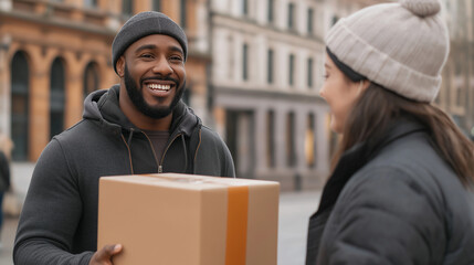 Joyful courier handing a package to a smiling customer in an urban setting. The interaction highlights friendly service and efficient delivery in a bustling city environment