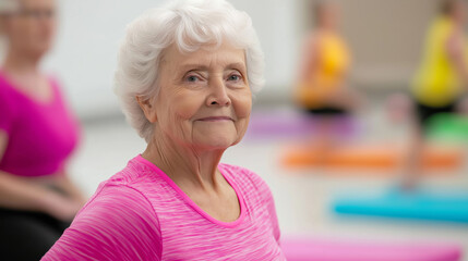 Happy elderly woman wearing pink sportswear is posing in a gym with colorful mats, enjoying a step aerobics class with other active seniors