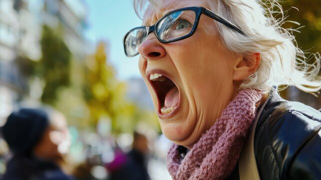 Angry mature senior merican woman full of hate screaming. whining