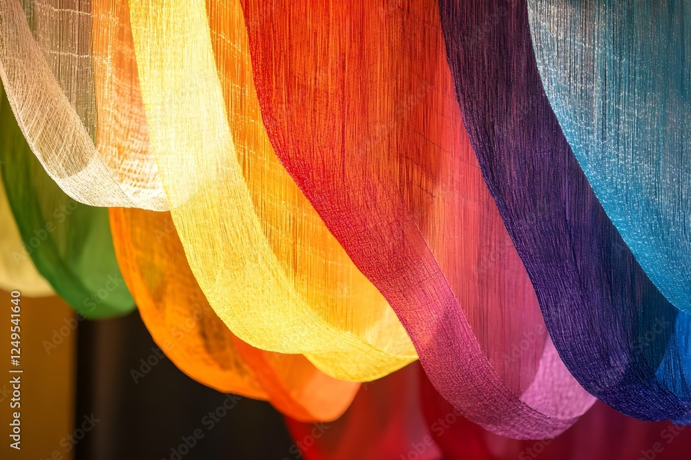Poster a vibrant display of translucent fabrics in various colors, creating a colorful, flowing texture. co