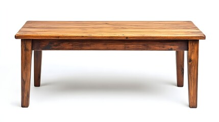 Rustic wooden table on a white background, showcasing the warm tones and simple design of the furniture.
