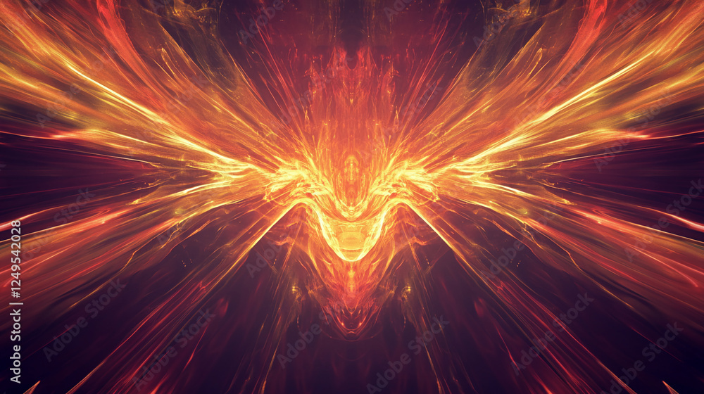 Poster abstract symmetrical explosion of fiery orange and yellow light rays emanating from the center, show