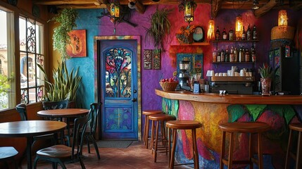 A colorful bar with a door that has a tree painted on it