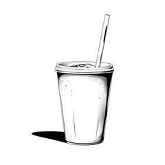 Hand-drawn illustration of a disposable paper cup with straw, iced drink. Possible use stock illustration for food design, beverage design, advertising