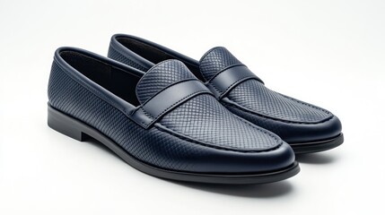 A modern pair of navy blue loafers with a subtle textured pattern, carefully placed on a pure white background for a minimalist look.