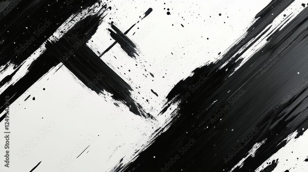 Poster abstract black and white brush strokes create a dynamic visual composition.