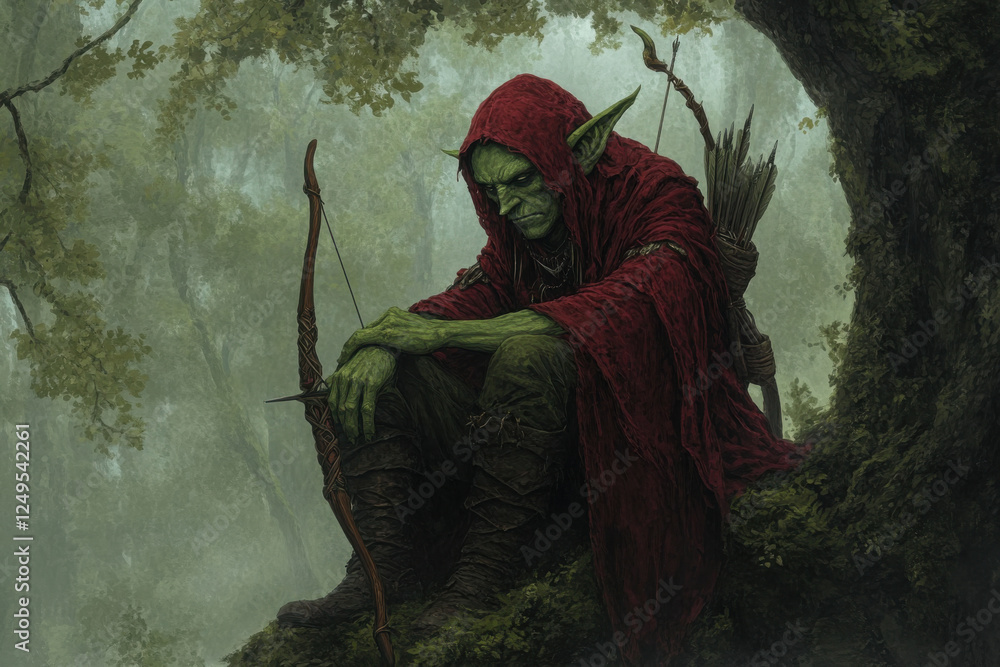 Poster a green goblin with a red hoodie sits on a tree branch with a bow and arrow