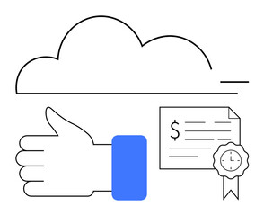Cloud graphic, thumbs-up hand, certificate with clock and dollar symbol. Ideal for cloud tech, digital approval, certification, online security, finance, digital contracts modern approval processes