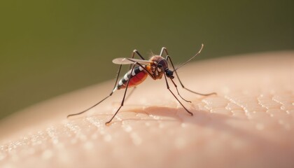 Fototapeta premium Mosquito feeding on human skin, vector of disease.