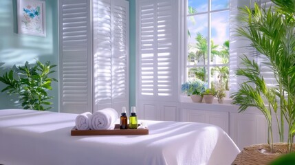 Tranquil Spa Treatment Room: A serene and inviting spa treatment room bathed in natural light, showcasing a pristine massage table with fluffy towels, essential oils.