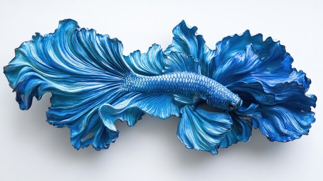 A neon blue rosetail betta fish with extravagant, ruffled fins, beautifully displayed on a white background