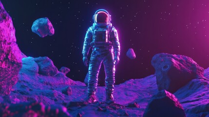 Obraz premium A neon cyberpunk astronaut standing on an extraterrestrial terrain with floating rocks and hovering spacecraft, designed for a modern t-shirt print