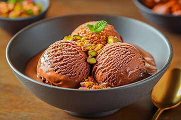 A scoop of chocolate ice cream sprinkled with pistachio nuts.