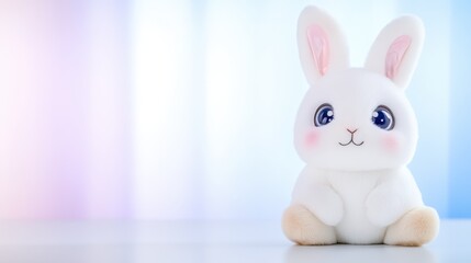 Obraz premium Sweet Bunny with Big Eyes: A fluffy white bunny with large, captivating blue eyes sits against a backdrop of soft, iridescent pastel colors, capturing the essence of innocent charm and wonder. 