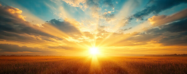 Fototapeta premium Sunlight bursts through scattered cumulus clouds, casting golden rays over a vast open field. The sky is vibrant, creating a peaceful and serene atmosphere as day transitions to night