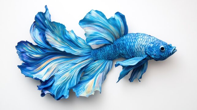A neon blue rosetail betta fish with extravagant, ruffled fins, beautifully displayed on a white background