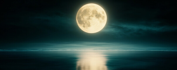 Serene full moon casts a gentle glow over a snowy tundra, blending with faint auroras in the sky. The scene evokes a surreal and peaceful atmosphere, highlighting nature's beauty