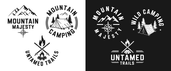 Fototapeta premium Adventurous T-Shirt Design Featuring 'Mountain Majesty,' 'Wild Camping,' and 'Untamed Trails' – Perfect for Outdoor Enthusiasts, Hikers, and Nature Lovers Ready to Explore!