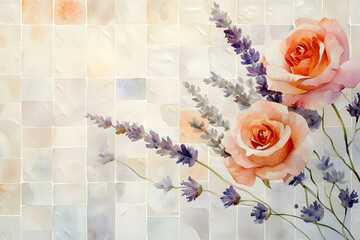 intricate mosaic artwork of blooming roses in pink, orange with green leaves on a textured neutral background, concept of interior decor, floral art, and handmade crafts