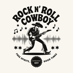 Vibrant T-Shirt Design Featuring 'Rock N' Roll Cowboy' Theme – Perfect for Music Lovers and Free Spirits Who Embrace Good Times and Classic Country Rock Style Established Since 1977!