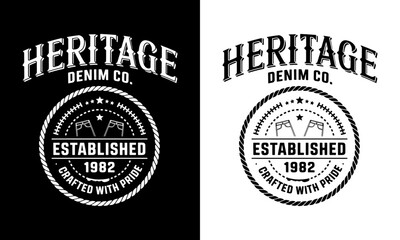Stylish T-Shirt Design Featuring 'Heritage Denim Co.' with Vintage Look – Perfect for Denim Lovers Who Appreciate Quality and Craftsmanship Established in 1982!
