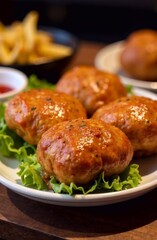 Juicy cutlets on fresh lettuce leaves